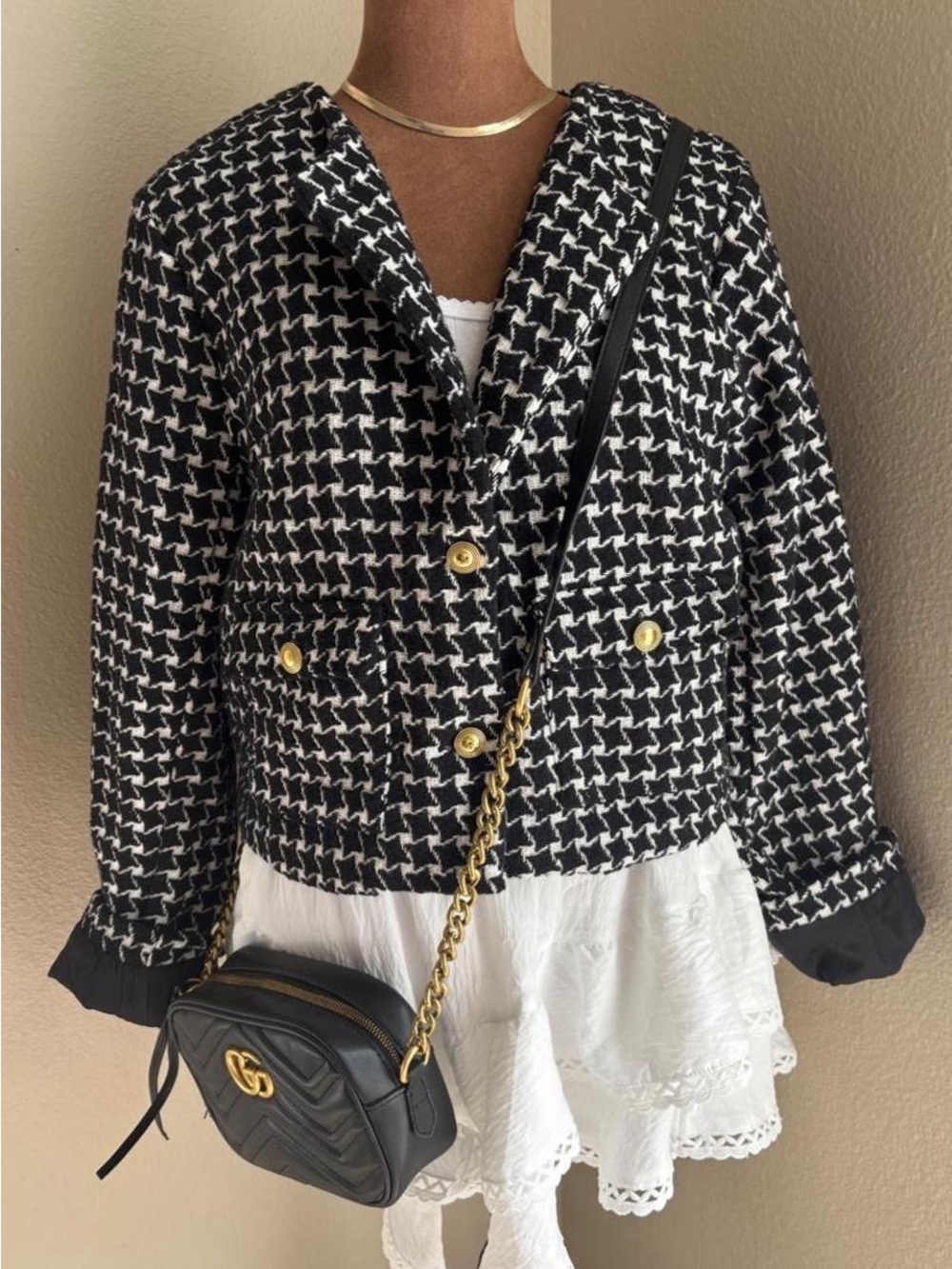 Hyfve black & white houndstooth cropped blazer with gold buttons, size M. Brand